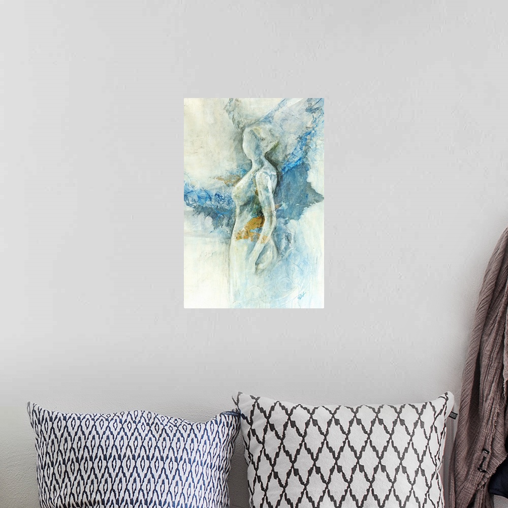 A bohemian room featuring Figurative art of the profile of a standing woman in cool and neutral tones, with patches of colo...
