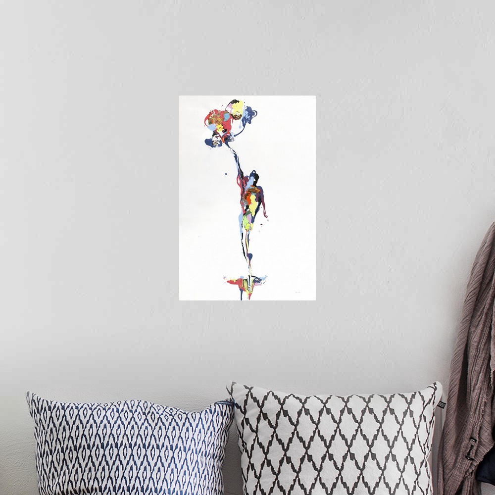 A bohemian room featuring Colorful abstract painting resembling a figure floating up off the ground with a cluster of ballo...