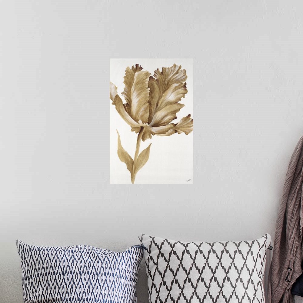 A bohemian room featuring A painting of a single tulip in metallic gold.