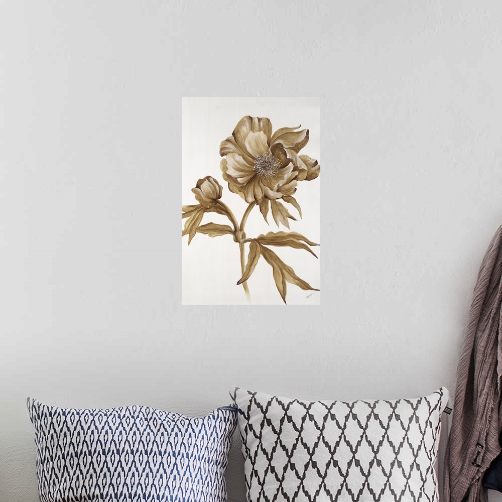 A bohemian room featuring A painting of a poppy blowing in the wind in metallic gold.