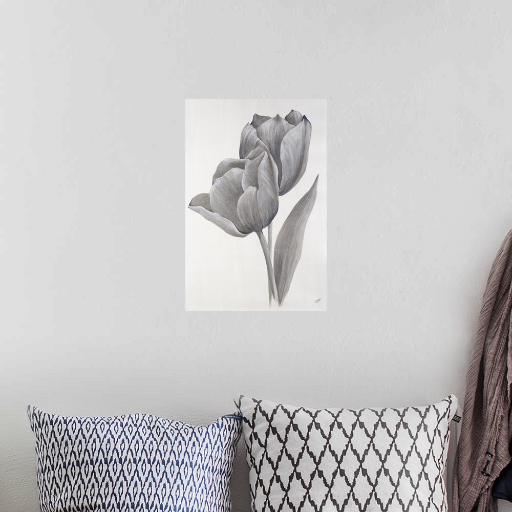 A bohemian room featuring A painting of a pair of tulips in metallic silver.