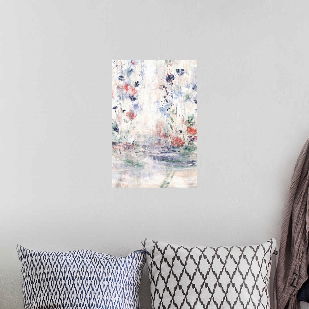 A bohemian room featuring Contemporary abstract painting with small floral shapes against white.