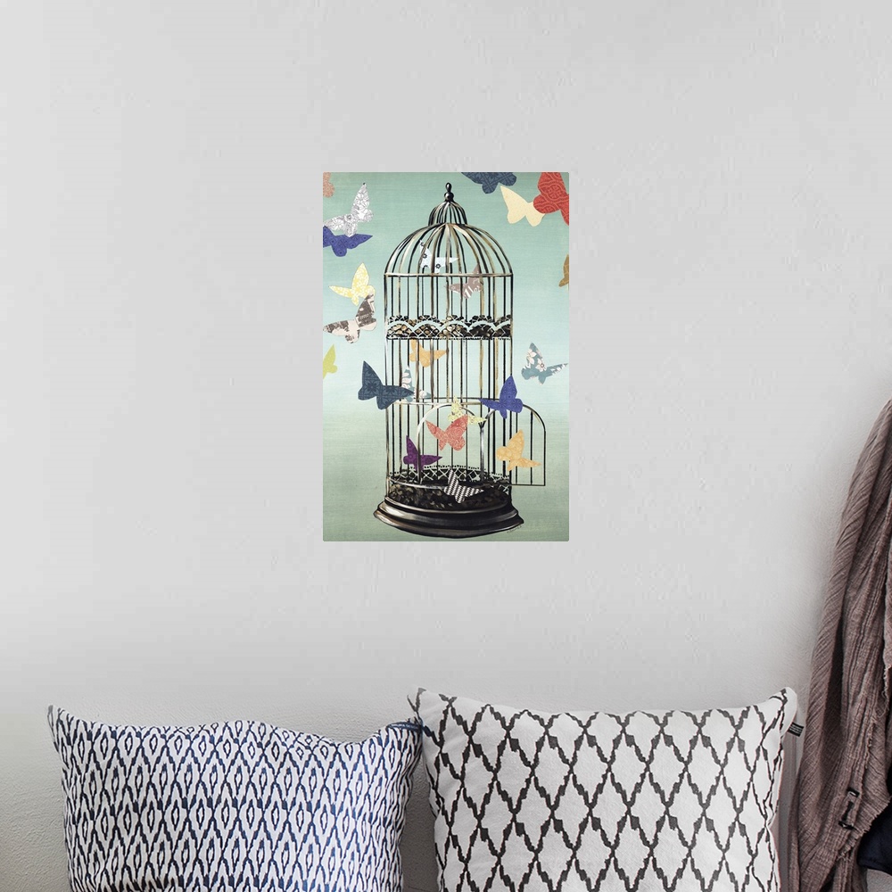 A bohemian room featuring Mixed media art created with cut out butterflies with different colors and patterns flying out an...