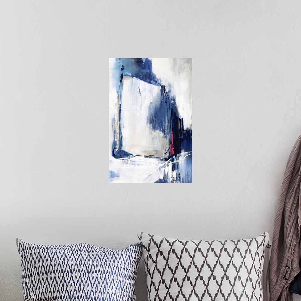 A bohemian room featuring Beautiful abstract painting with a rectangular shape in the middle on a white and gray background...