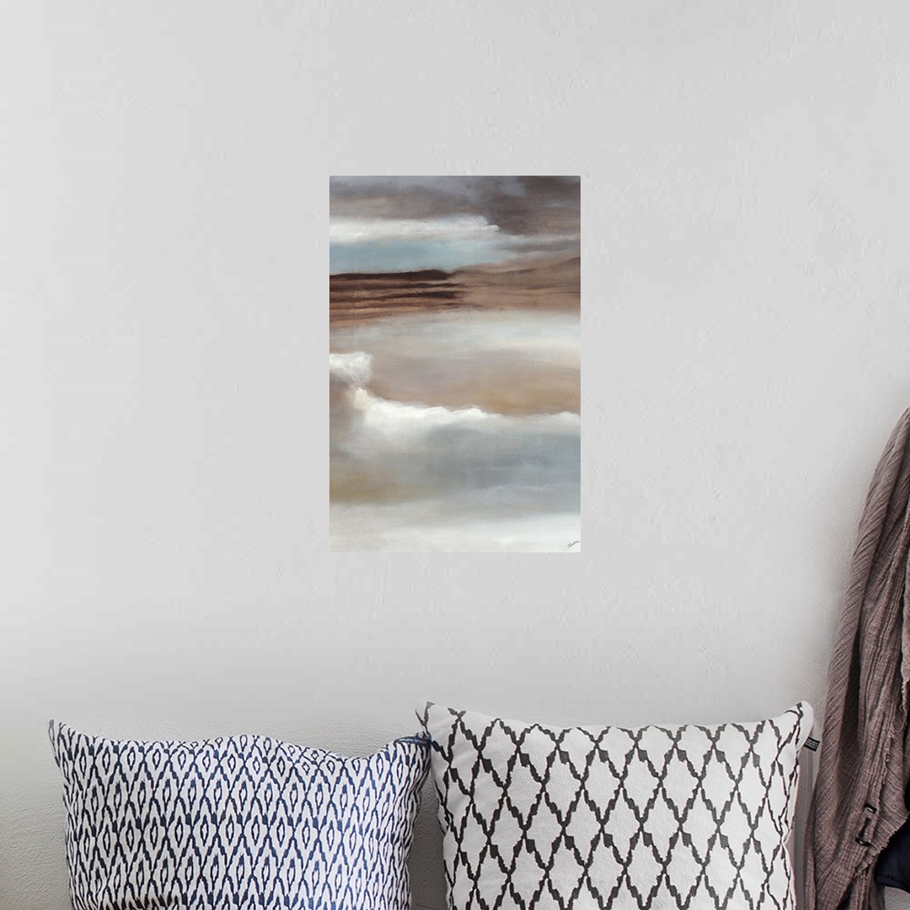 A bohemian room featuring Contemporary abstract painting using soft warm and cool tones.