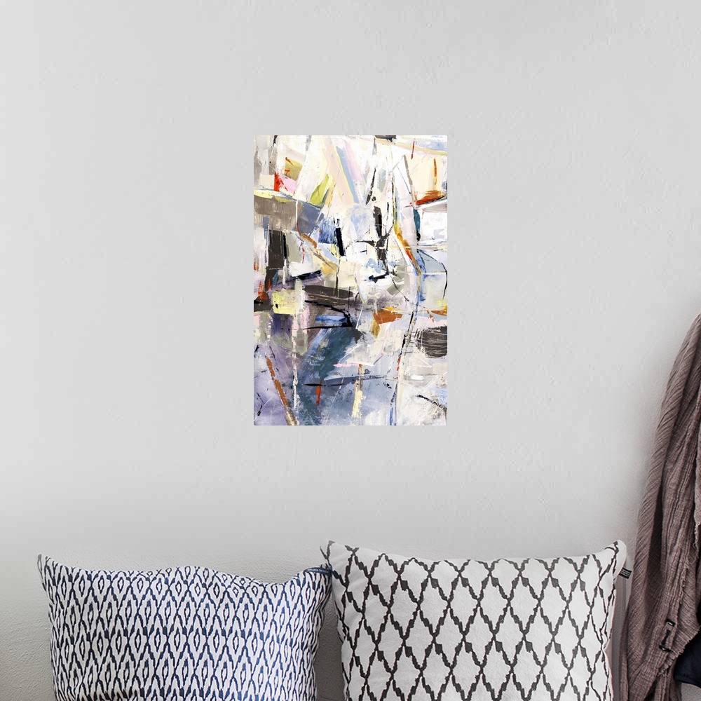 A bohemian room featuring Contemporary abstract painting using a variety of muted tones.
