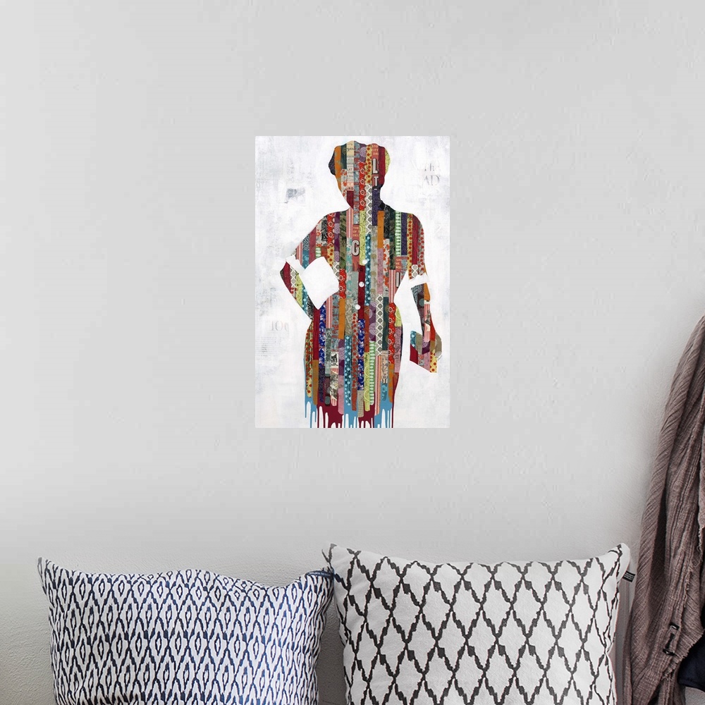 A bohemian room featuring Contemporary painting of a woman in a dress with a clutch made of collage elements.