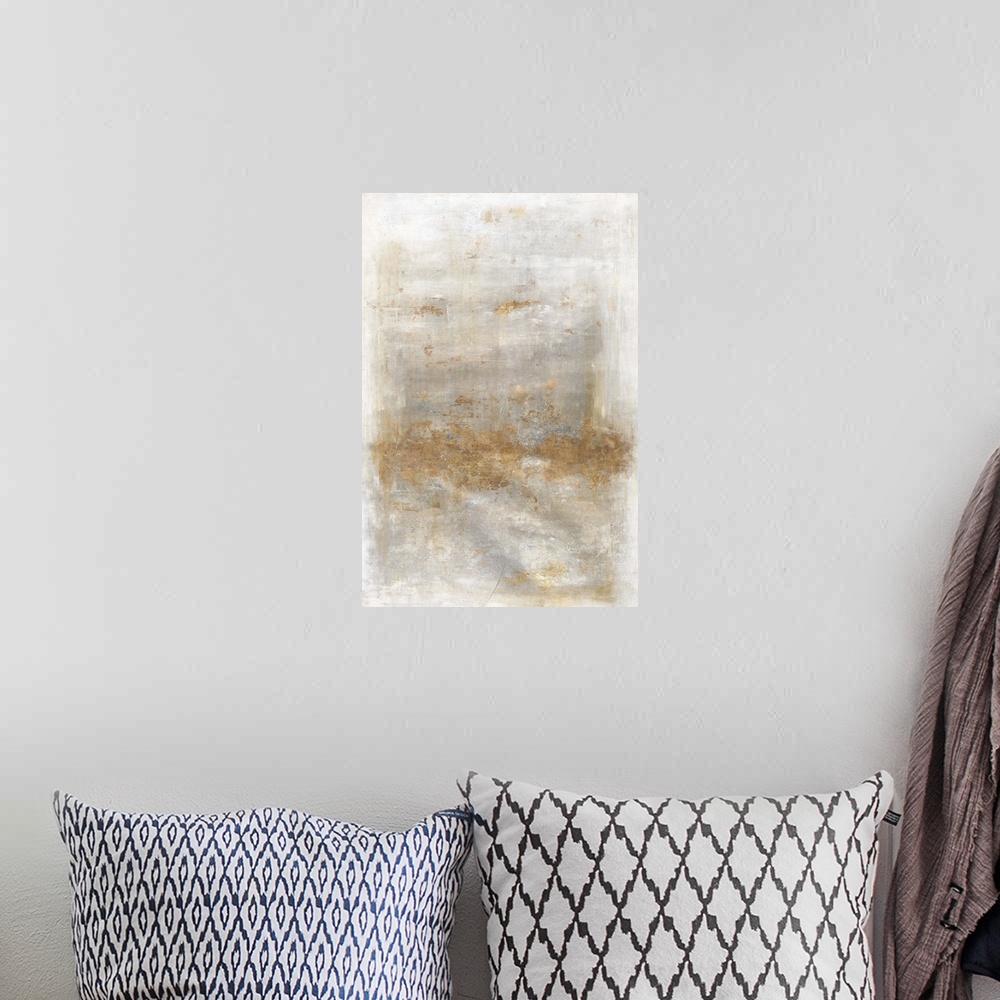 A bohemian room featuring Large abstract artwork with a gray and white background and metallic gold on top.