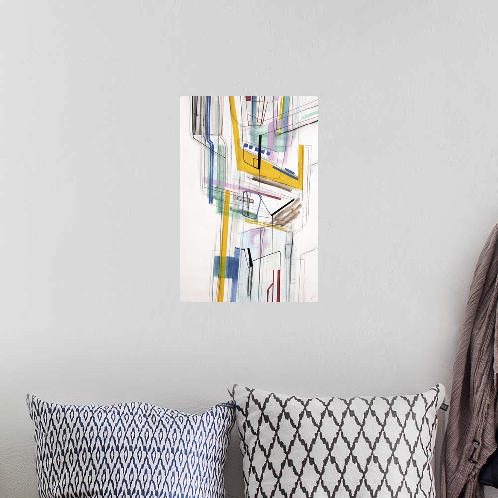 A bohemian room featuring Large vertical modern artwork of multi-colored lines interlacing.