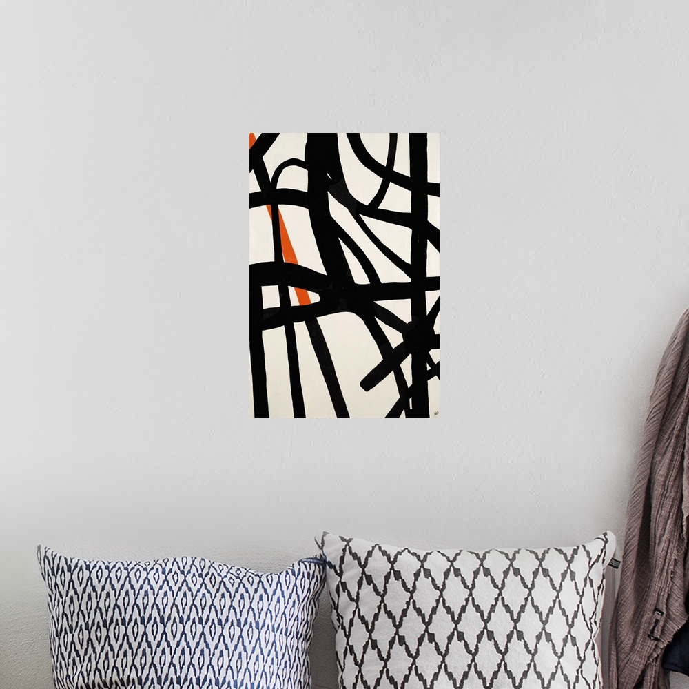 A bohemian room featuring Contemporary abstract painting using bold contrasting strokes against a a neutral background.