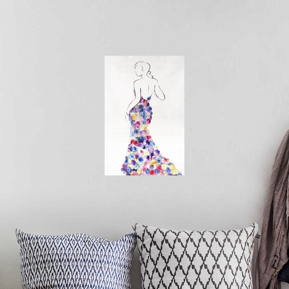 A bohemian room featuring A simple outline of a woman with a colorful floral dress in rose blooms.