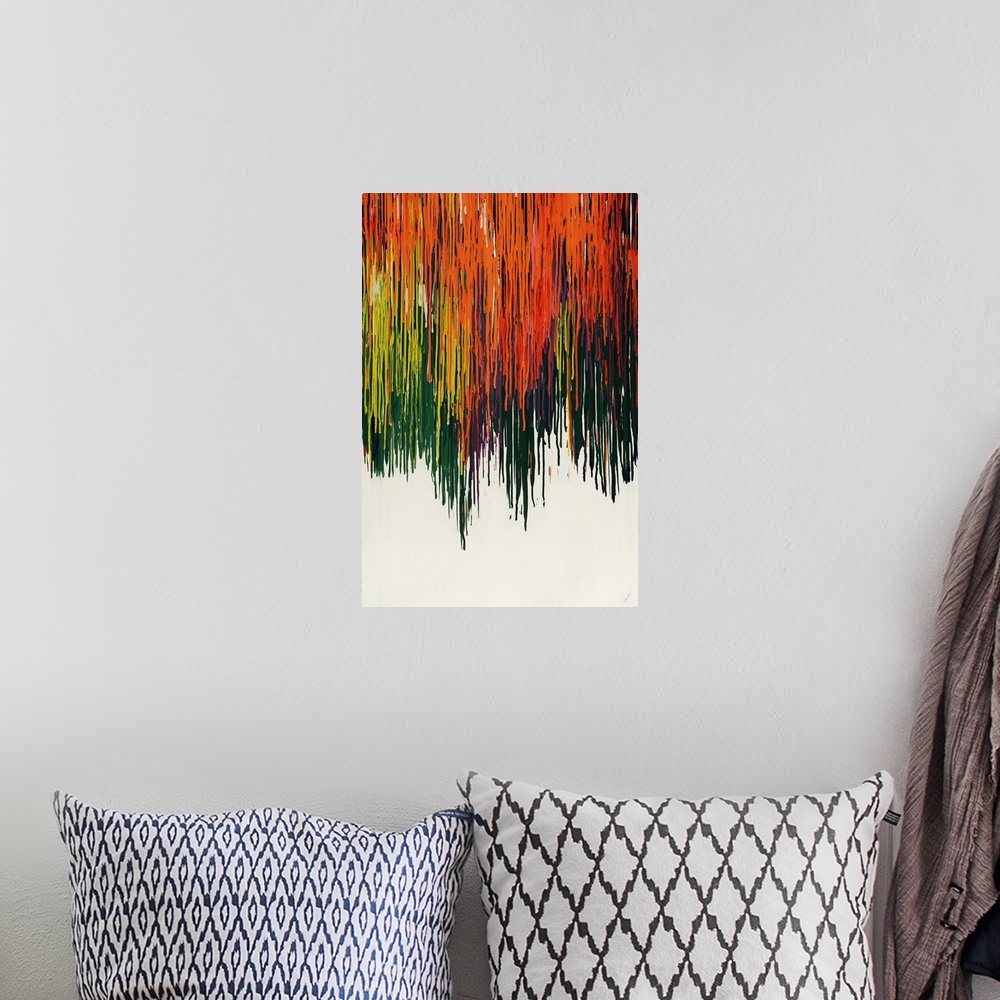 A bohemian room featuring Large, vertical abstract painting of multicolored drips of paint in layers, running vertically do...