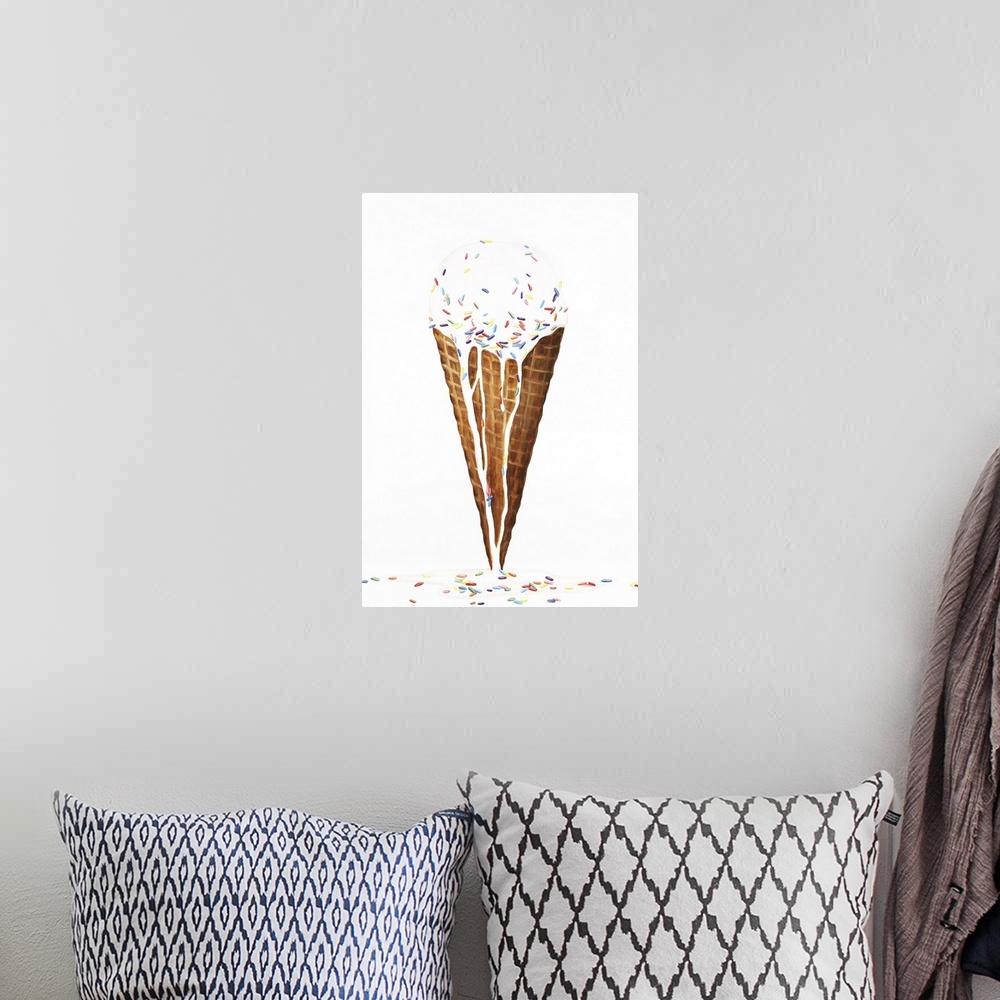 A bohemian room featuring Contemporary painting of vanilla ice cream with sprinkles, melting over a waffle cone and onto th...