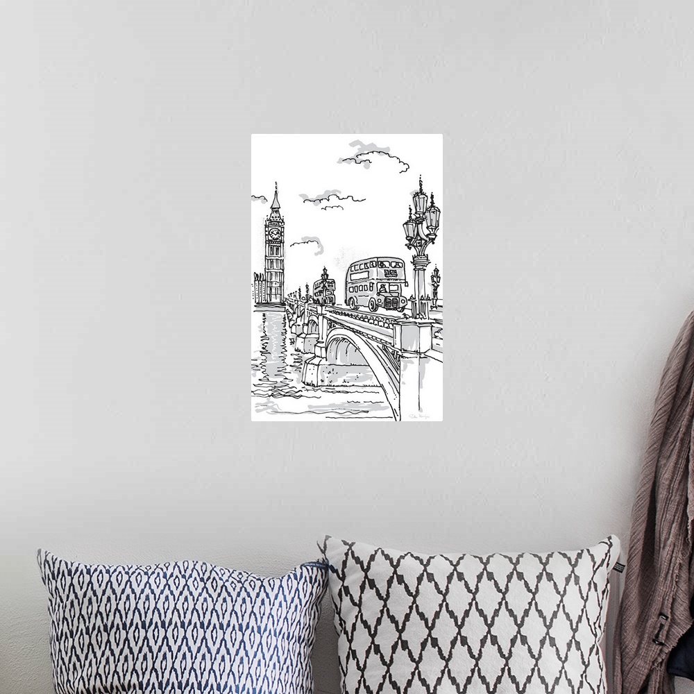 A bohemian room featuring Pen and ink illustration of a London double-decker bus going over the Westminister Bridge with Bi...