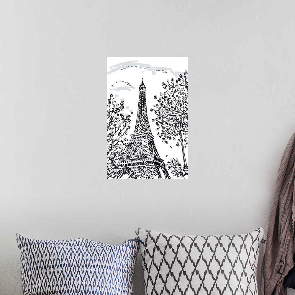 A bohemian room featuring Pen and ink Illustration of the Eiffel Tower with spring trees.