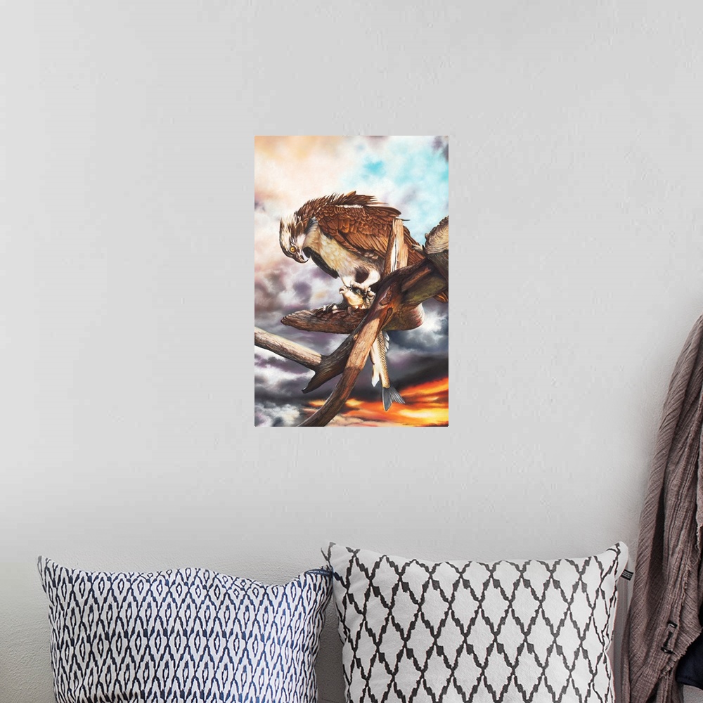 A bohemian room featuring An Osprey feeding on a large fish in a deadwood tree before a dramatic sky. Created with pastels ...
