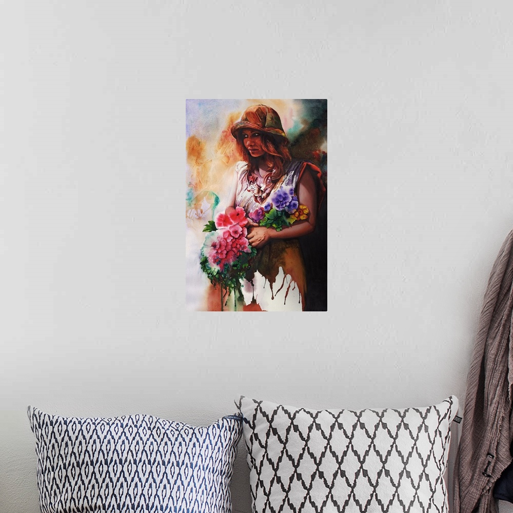 A bohemian room featuring A loose watercolor portrait of a flower girl, holding a bouquet.