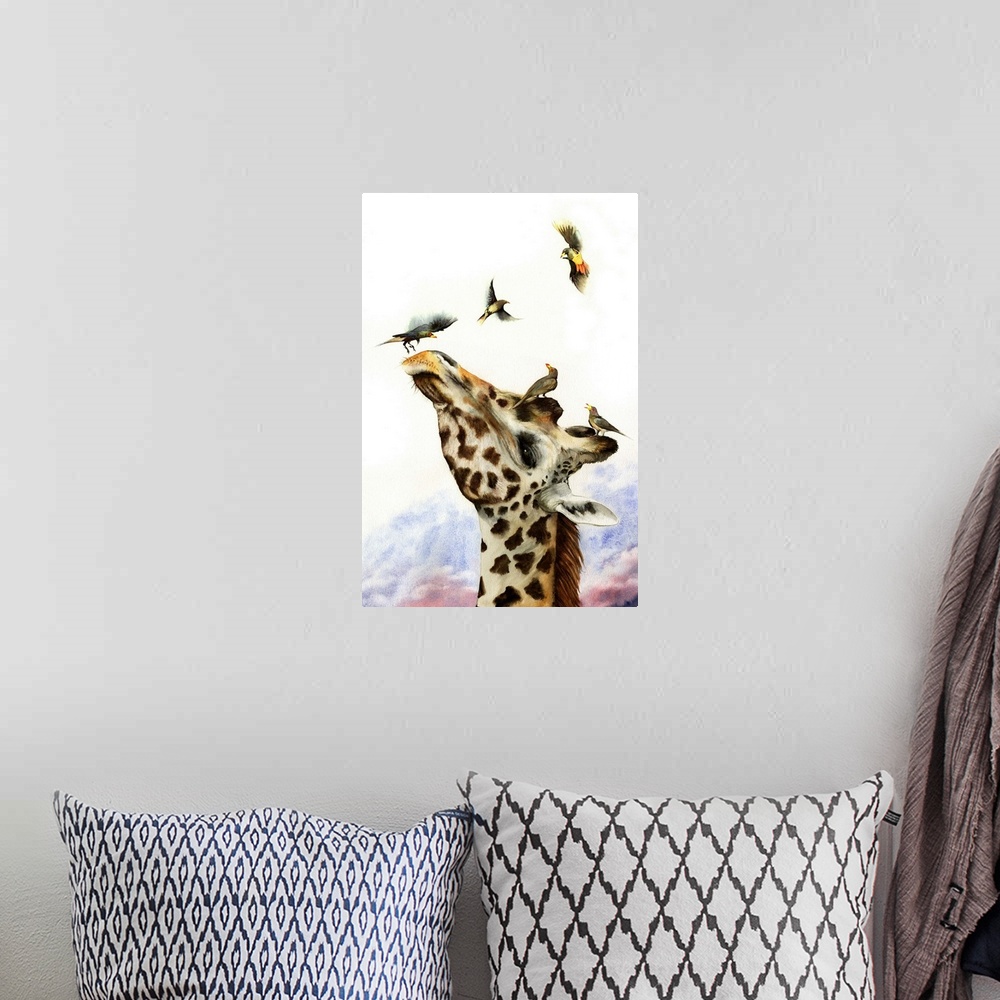 A bohemian room featuring A watercolour painting of a giraffe being pestered by ox-peckers