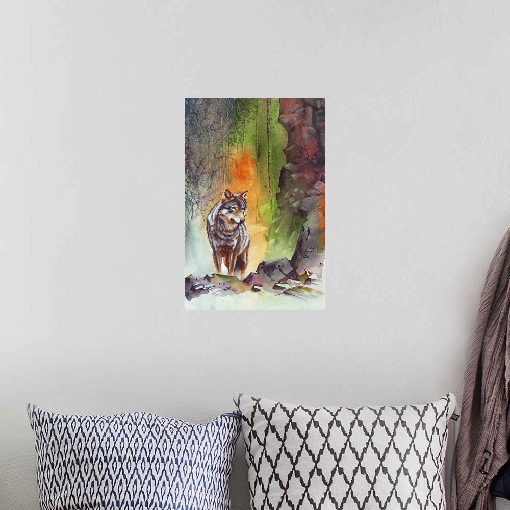 A bohemian room featuring A watercolour painting of a wolf on some rocks in a mountain forest by UK artist Peter Williams.