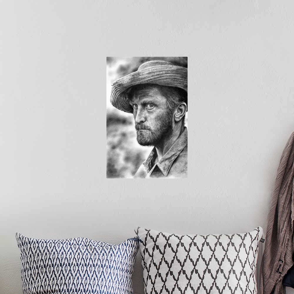 A bohemian room featuring A pencil portrait of Kirk Douglas as Vincent Van Gogh based on a still from the 1956 movie Lust F...