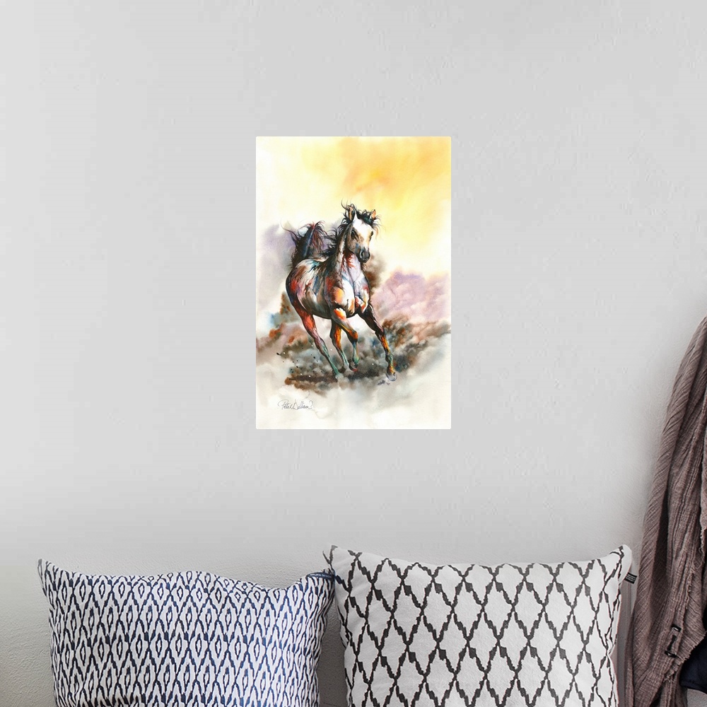 A bohemian room featuring An impressionistic painting of a galloping stallion.