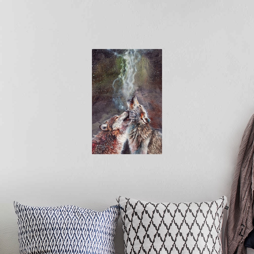 A bohemian room featuring Originally painted with watercolors, a portrait of two howling timber wolves on a cold and snowy ...