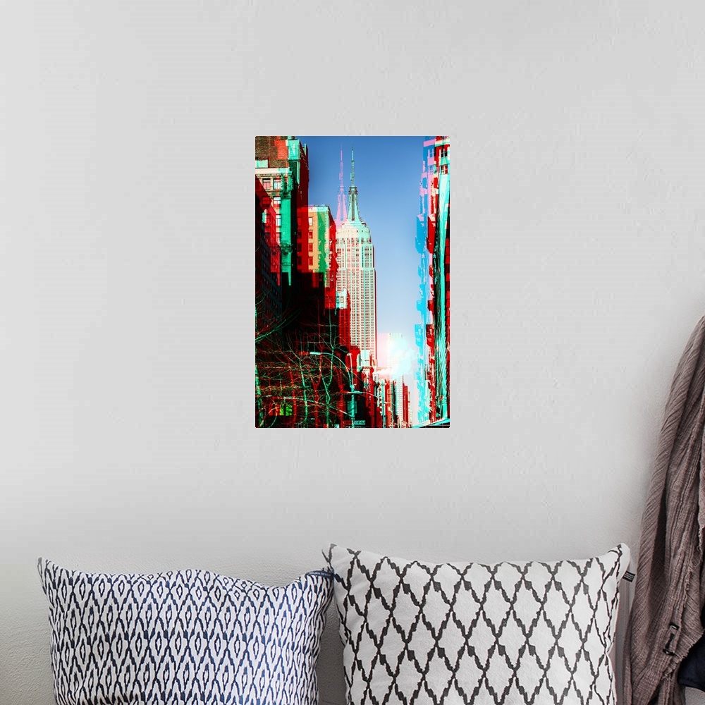 A bohemian room featuring Photograph of New York city architecture with multiple exposures resembling anaglyph 3D images.
