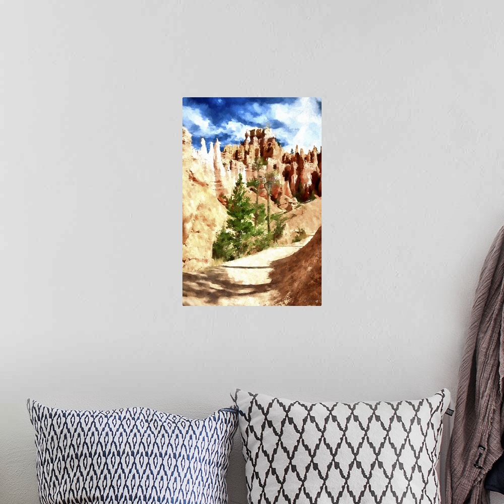 A bohemian room featuring A photograph of Bryce Canyon, Utah with a painterly effect.