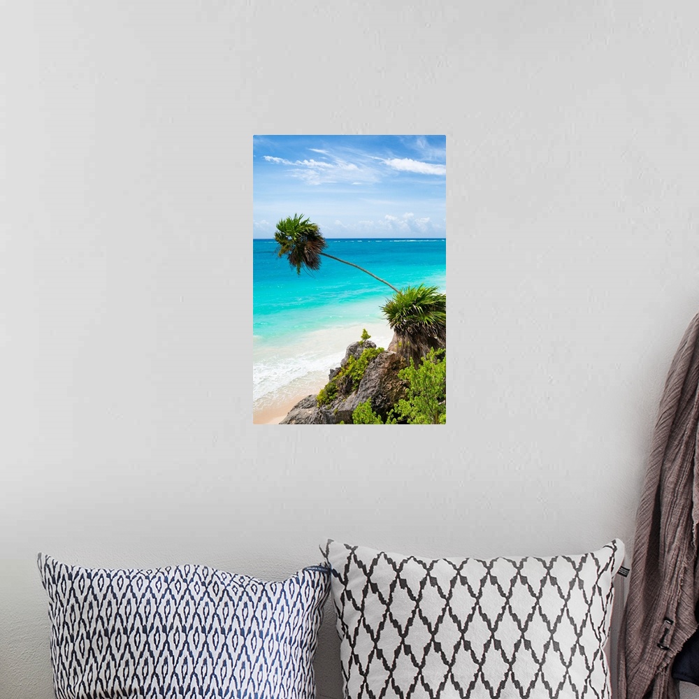 A bohemian room featuring Photograph of a relaxing Caribbean beach scene in Tulum, Mexico with a leaning palm tree. From th...