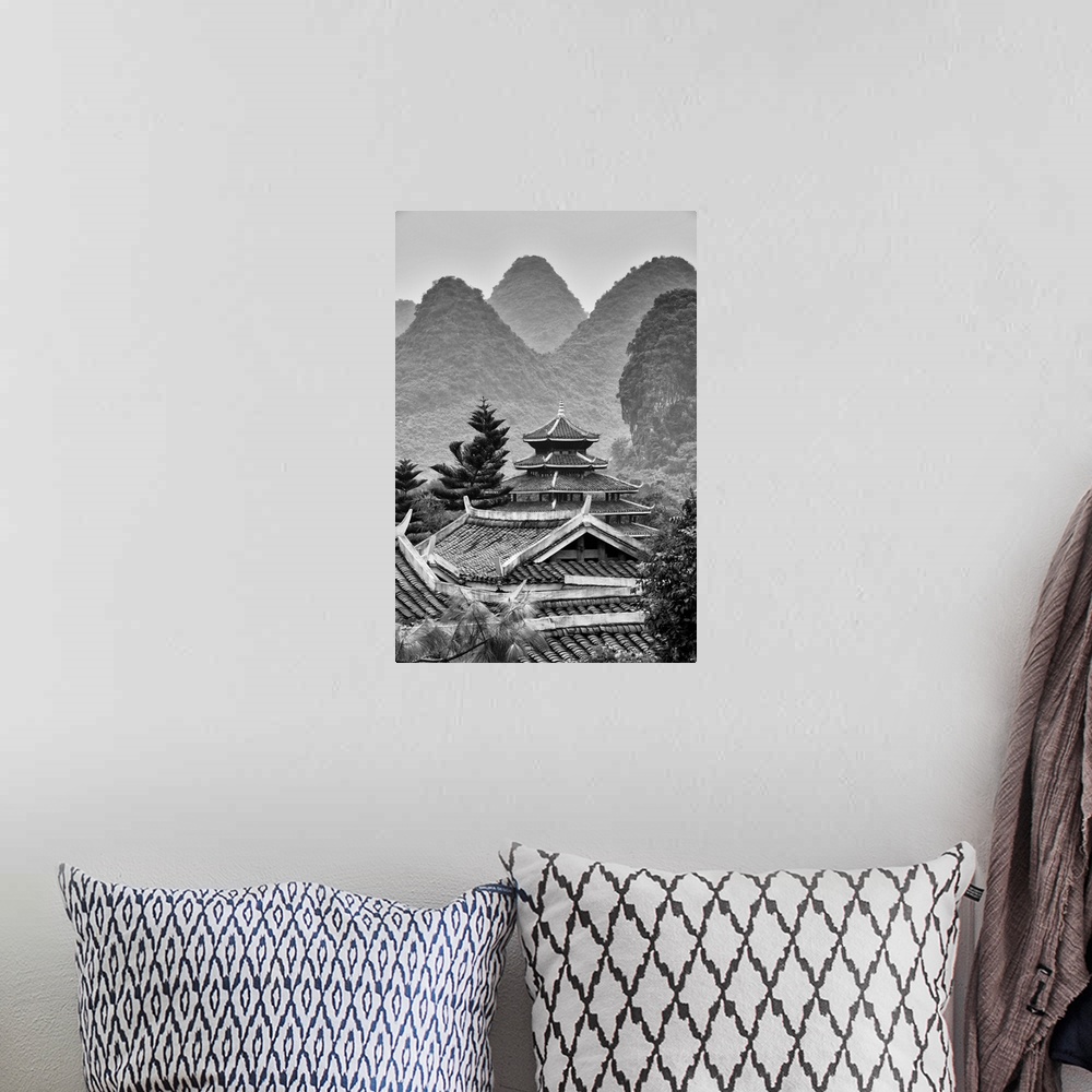 A bohemian room featuring Chinese Buddhist Temple with Karst Mountains, China 10MKm2 Collection.
