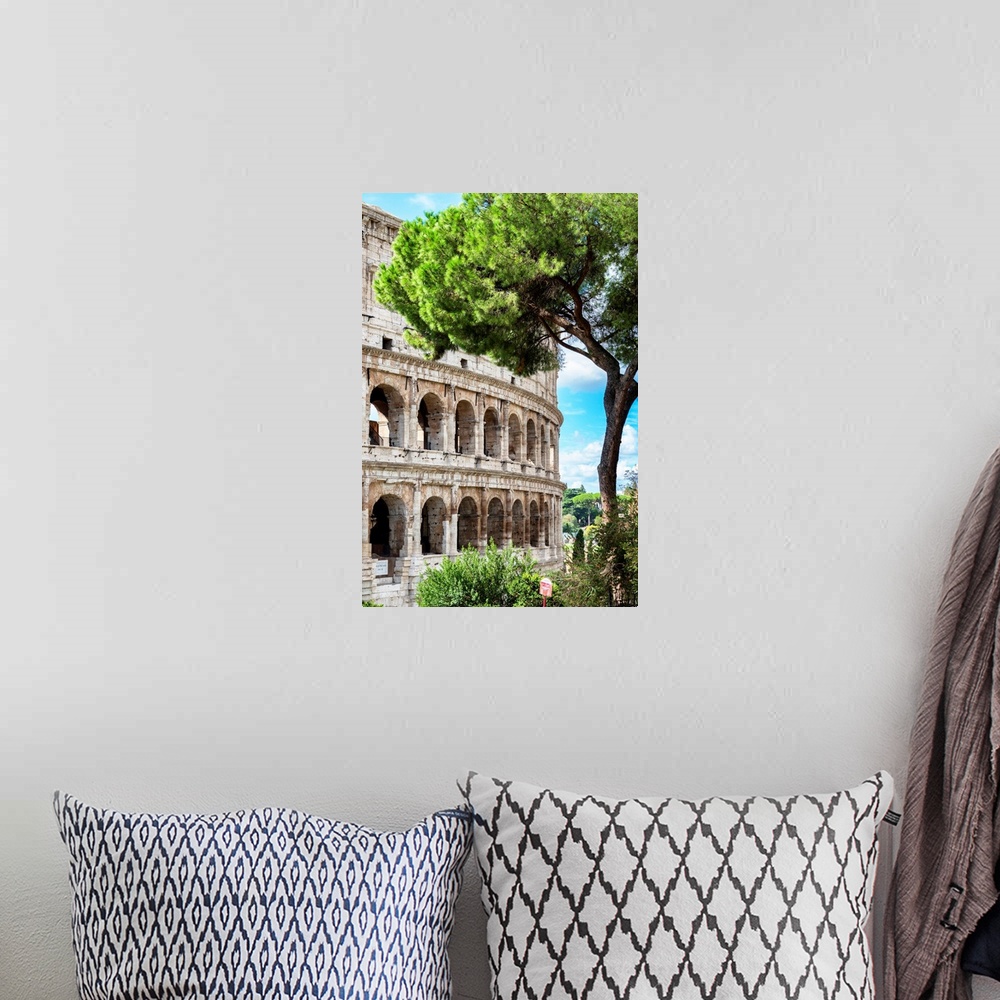 A bohemian room featuring It's a view of the Colosseum in the centre of the city in Rome, Italy.