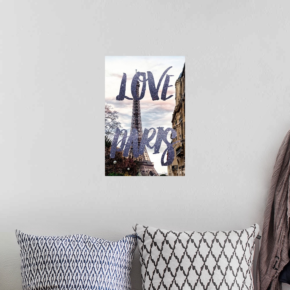 A bohemian room featuring A photograph of the Eiffel Tower with the phrase "Love Paris" written in silver glitter. From the...