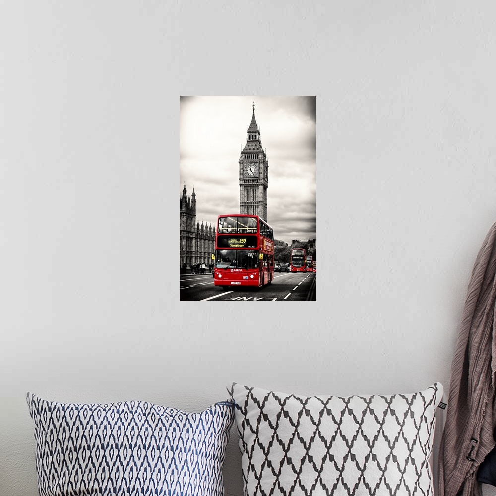 A bohemian room featuring Photograph with selective color of the iconic double decker bus driving past Big Ben in London.