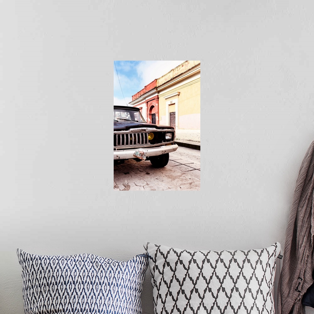 A bohemian room featuring Photograph of a colorful Mexican street with an old black Jeep on the road. From the Viva Mexico ...