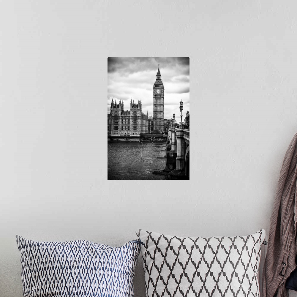A bohemian room featuring Black and white photo of Big Ben overlooking the river Thames under an overcast sky.