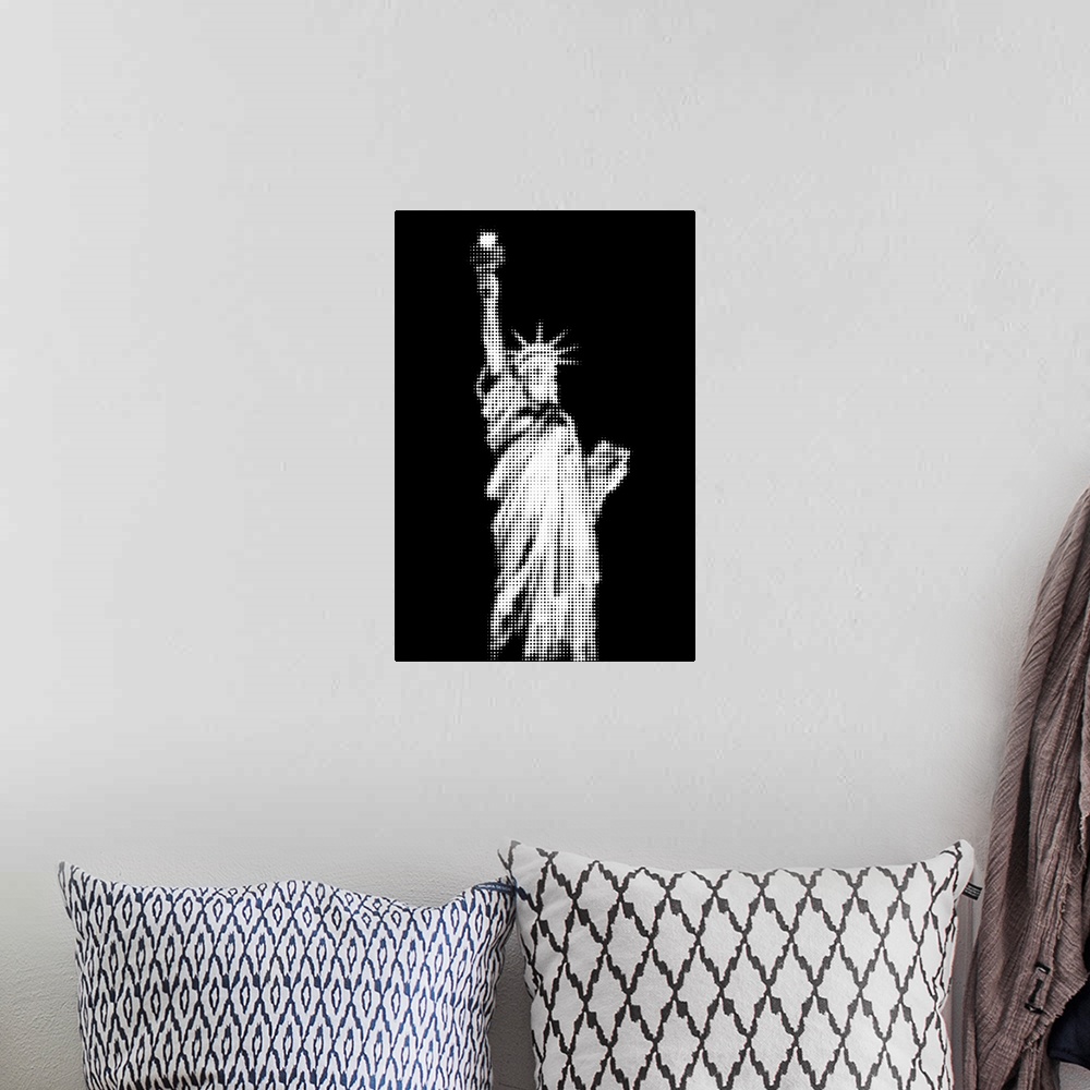 A bohemian room featuring Artistic photograph of the Statue of Liberty with a black and white pixel grain filter over the i...