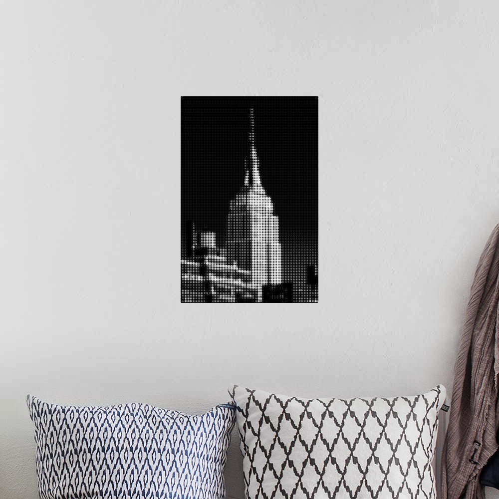 A bohemian room featuring Artistic photograph of the Empire state building with a black and white pixel grain filter over t...