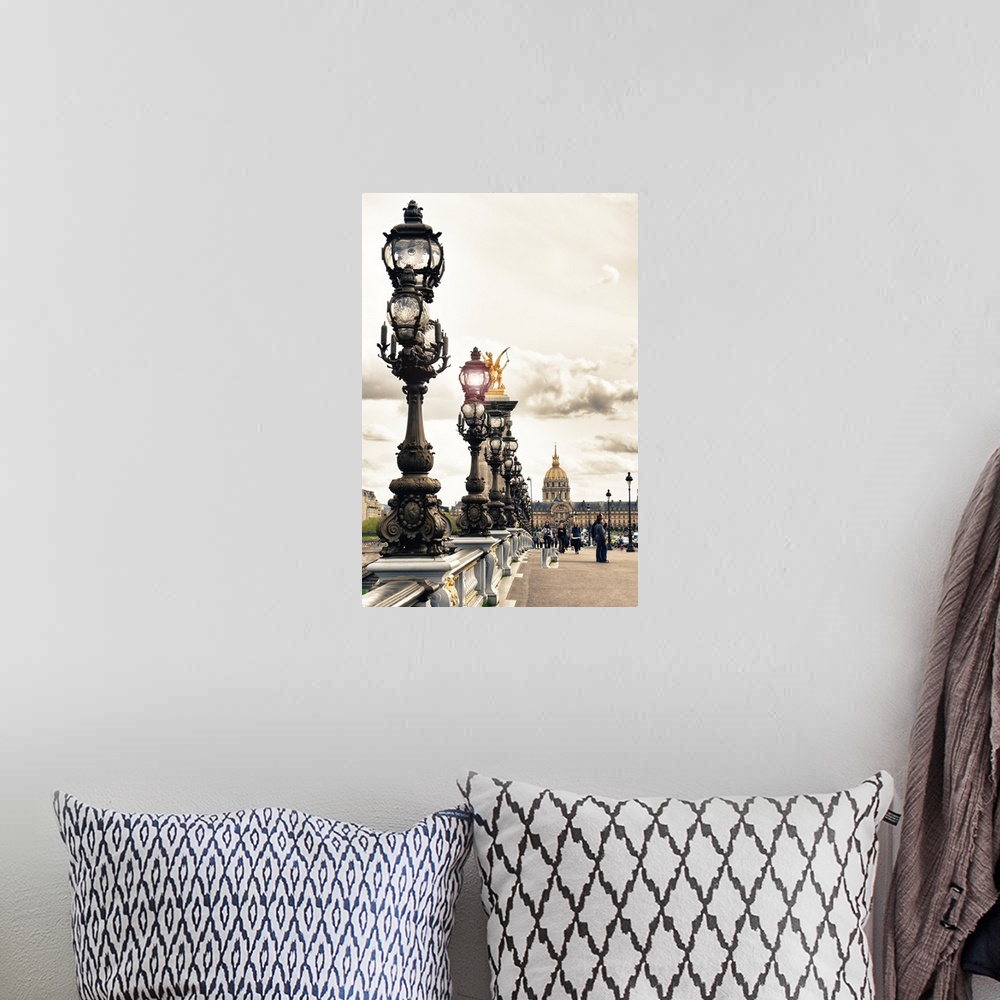 A bohemian room featuring Row of detailed iron street lamps on the Pont Alexandres III in Paris, France.