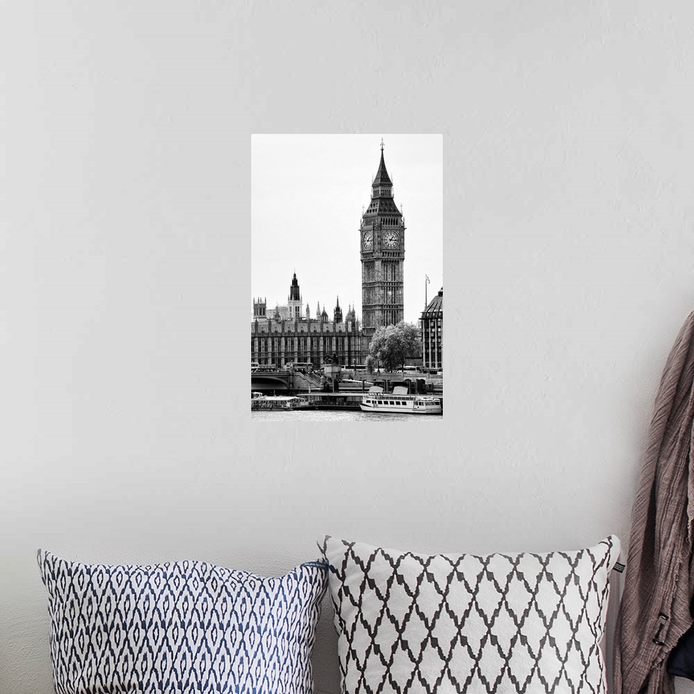 A bohemian room featuring Black and white photo of Big Ben, seen from the River Thames.