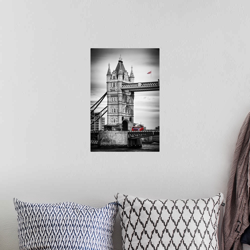 A bohemian room featuring Fine art photo of the Tower Bridge in London with a double decker bus, with selective color.