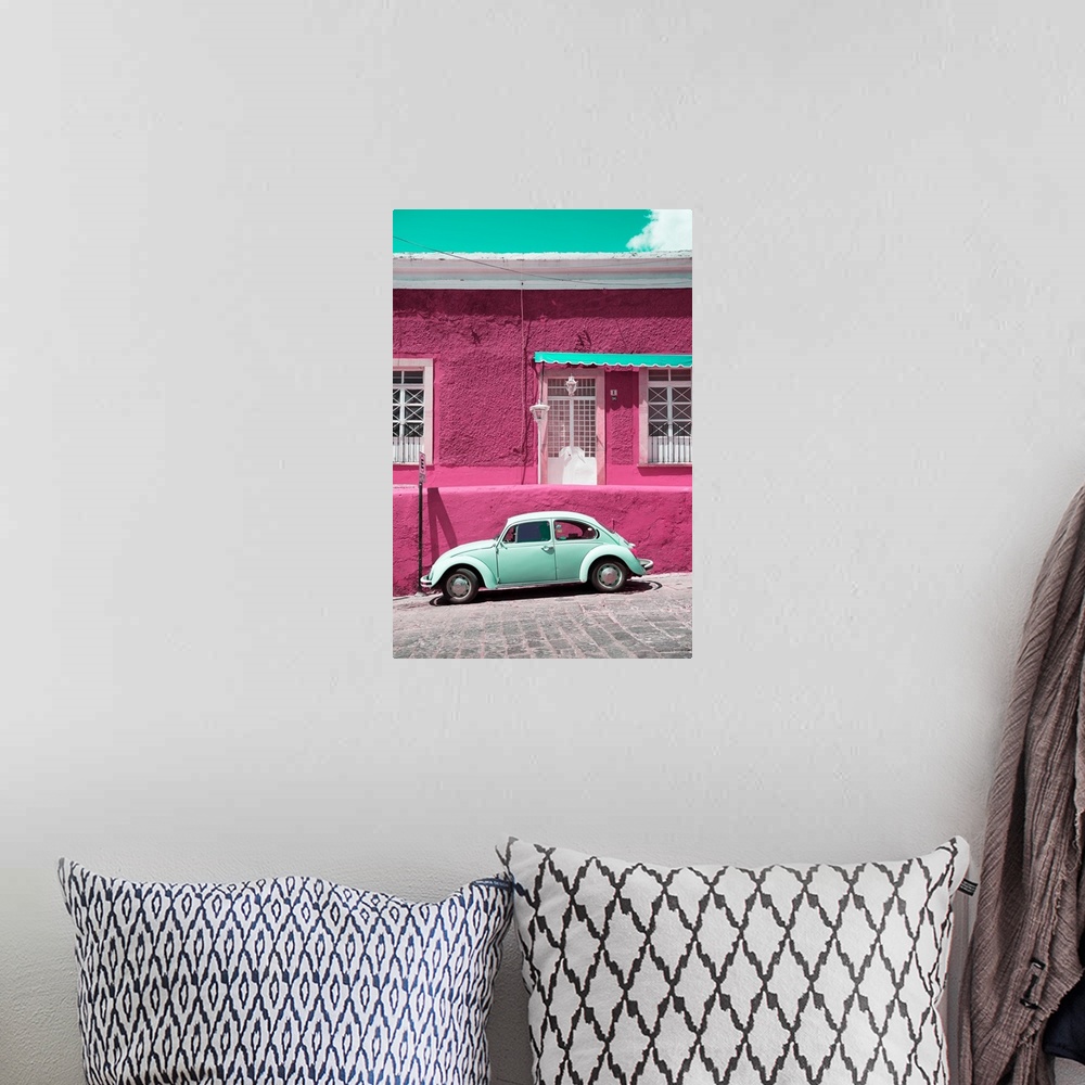 A bohemian room featuring Photograph of a classic Volkswagen Beetle in front of a pink and teal building. From the Viva Mex...
