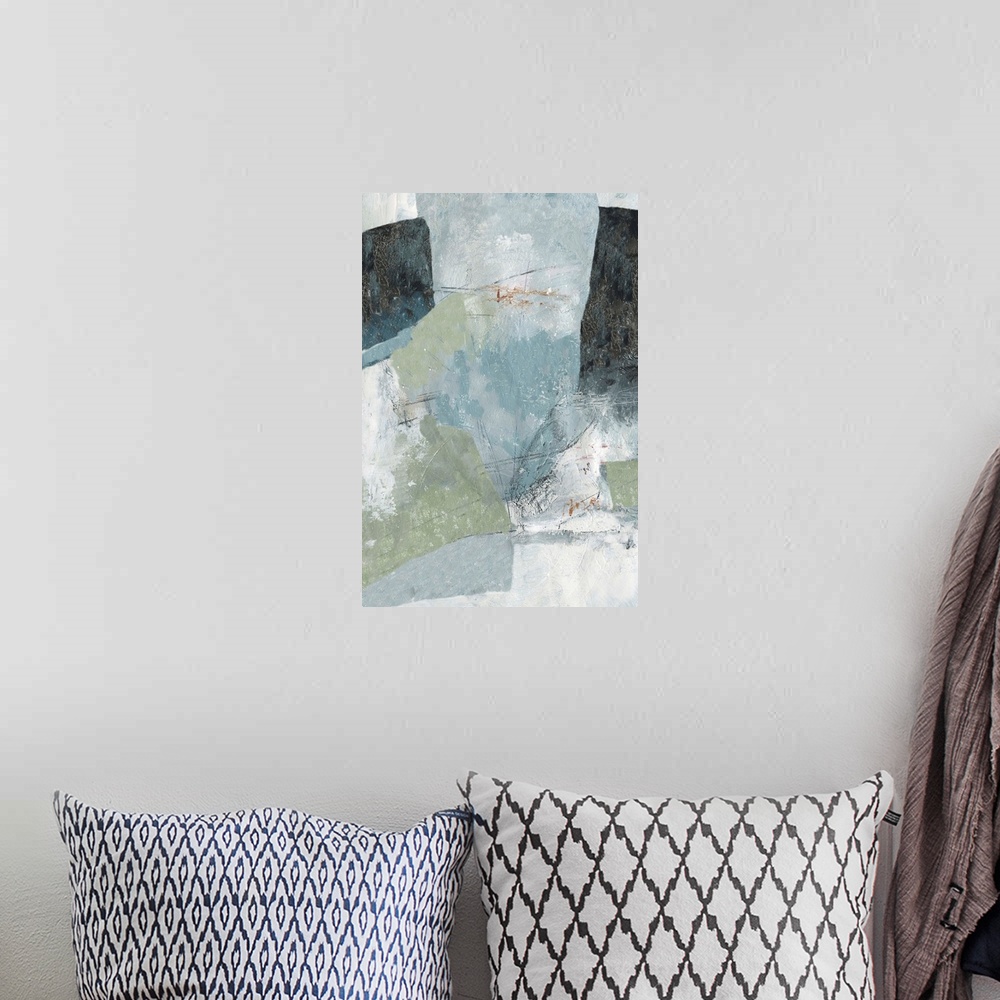 A bohemian room featuring Vertical abstract painting in muted colors of blue, green and gray.