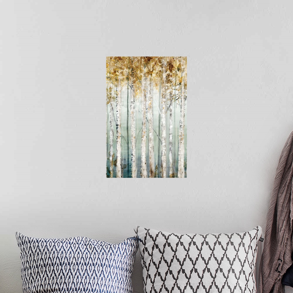 A bohemian room featuring Contemporary painting of rows of trees with textured leaves in gold.