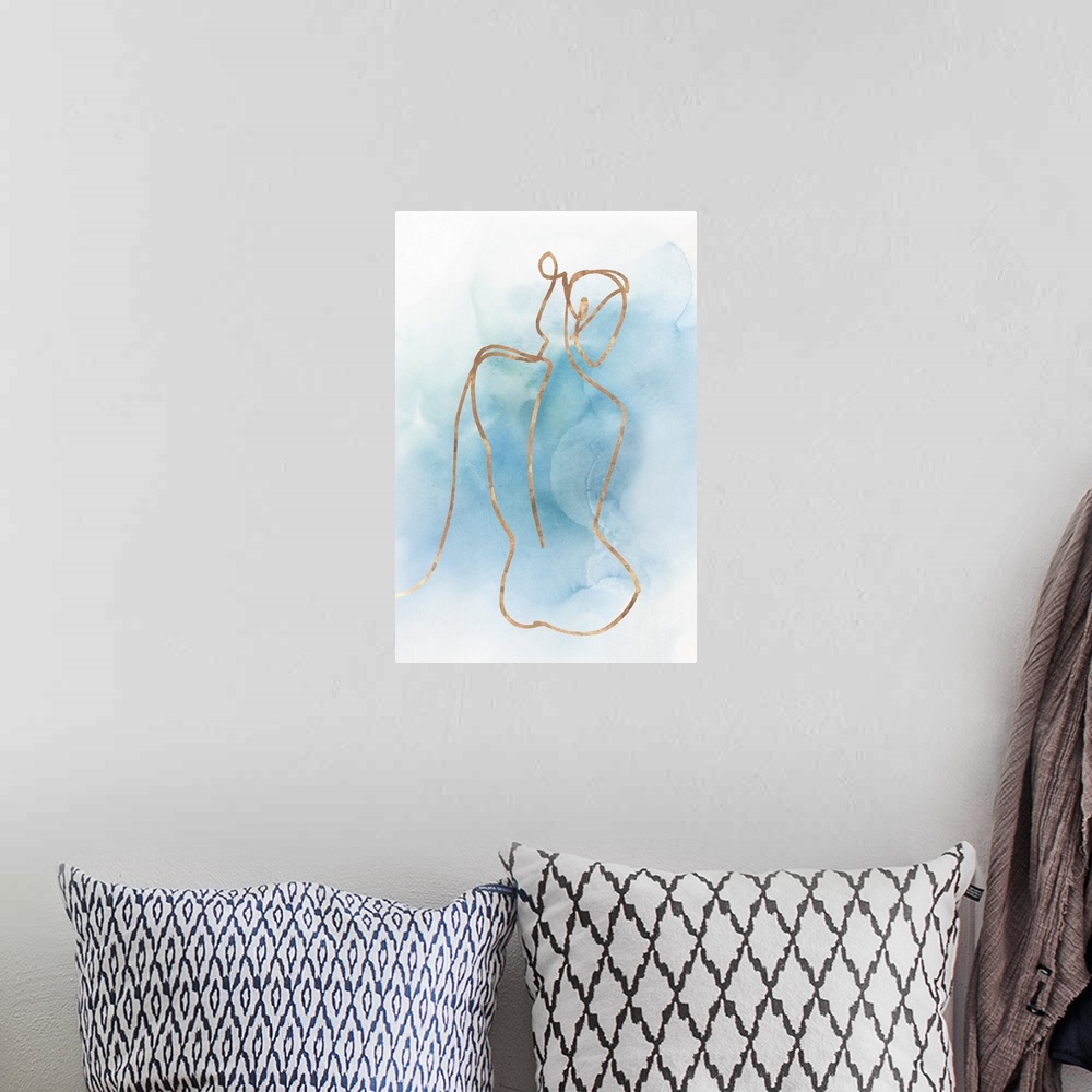 A bohemian room featuring Abstracted nude figure outlined in gold on a blue watercolor background.