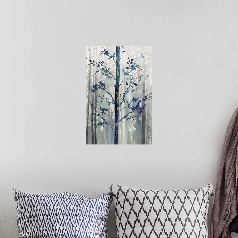 A bohemian room featuring Contemporary home decor artwork of a forest of a dark blue trees.