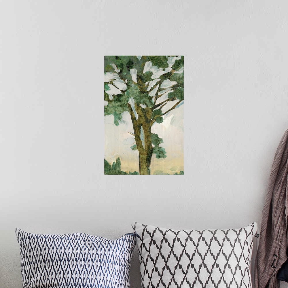 A bohemian room featuring Contemporary home decor artwork of a tree in pale muted tones against a neutral background.