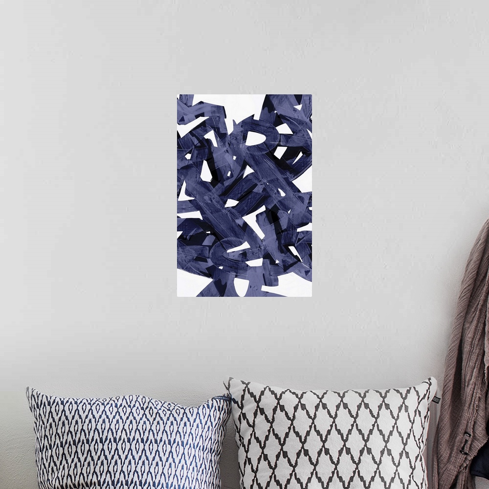 A bohemian room featuring Abstract artwork of a jumble of purple shapes on white.