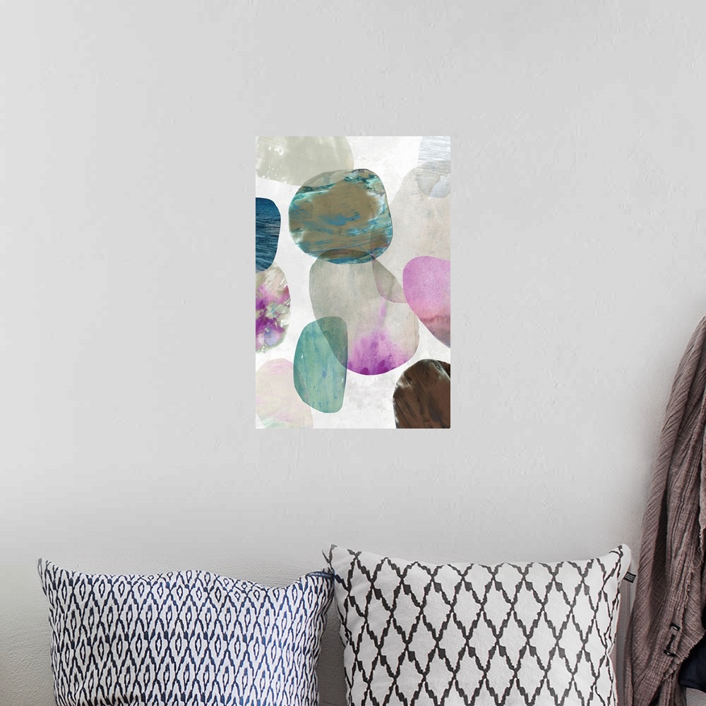 A bohemian room featuring Contemporary painting of multi-color circles in tones of pink, brown and blue in the appearance o...