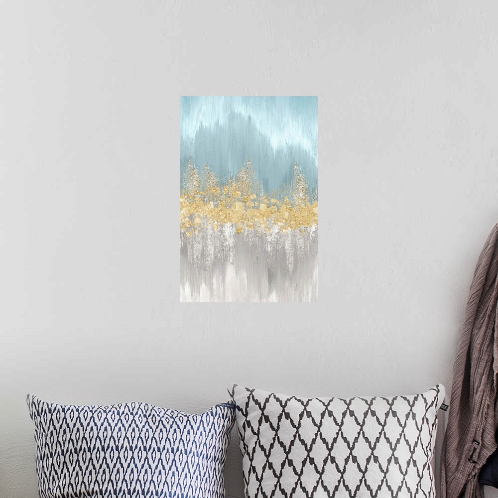A bohemian room featuring Vertical painting with light blue on the top and gray on the bottom with textured gold in the cen...