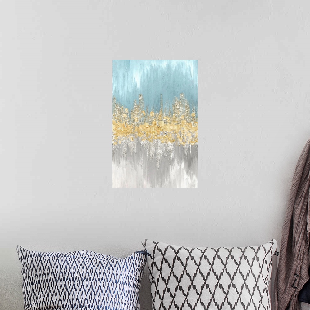 A bohemian room featuring Vertical painting with light blue on the top and gray on the bottom with textured gold in the cen...